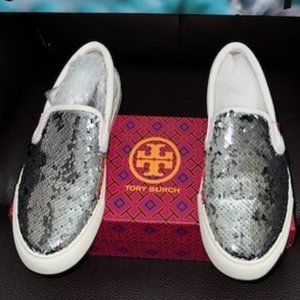 Tory Burch Carter Flip Slip On Bling/Sparkly Sequin Silver Shoes Sz 7